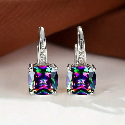 Mystic Stone Hoop Earrings | White Gold